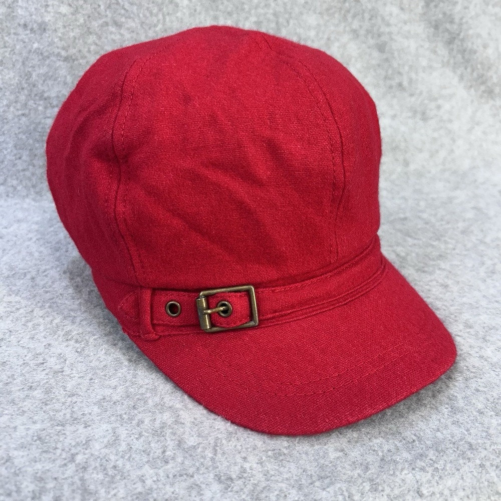 Red Cadet Cap Military Style Hat Womens Buckle Strap Short Brim Wool Blend